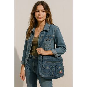 Vintage Y2K Denim Messenger Bag Embroidered Flowers Utility Pockets Boho